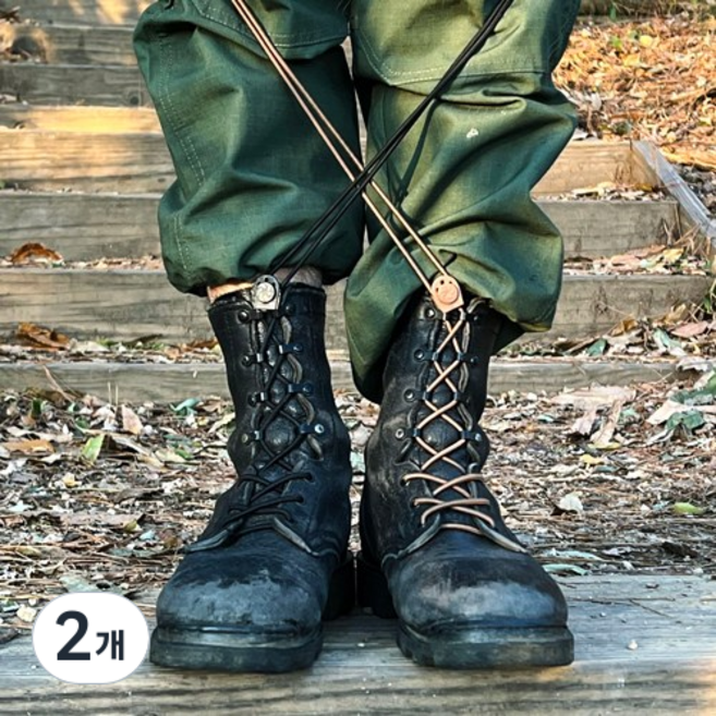 군화끈 + 고신축 조임이 세트 전투화 검정 갈색 군인 군대 훈련소 워커 고탄력 입대, 2개, 검정[BLACK]