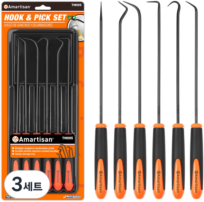 공구PXJ 오링풀러 6P세트 후크 픽크 송곳 갈고리 O링탈거 세트, 3세트