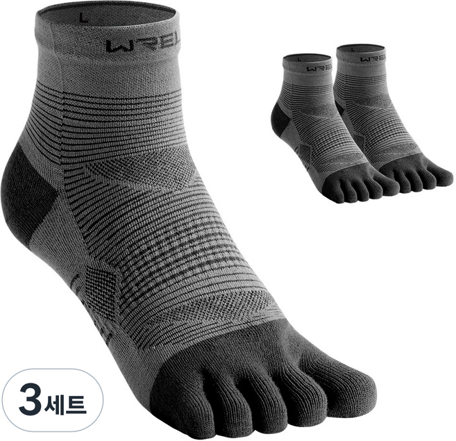 WRELS 다섯발가락 짧은통형 가압 스포츠 양말 러닝 크로스컨트리 자전거 남녀공용, 3세트, 다크그레이