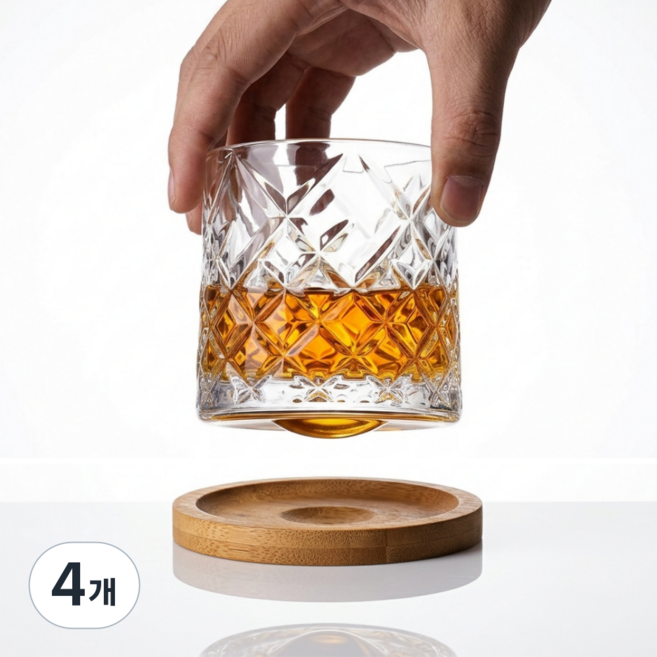 닉스리빙 회전형 스핀 글라스 롤링 언더락 위스키잔 + 받침대 세트, 4개
