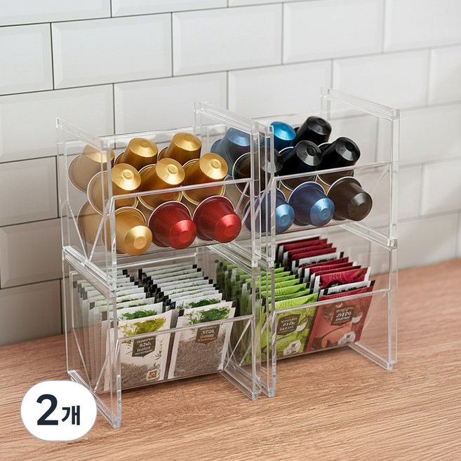 이지유 비스듬한 티백 보관함 탕비실 커피 캡슐 아크릴 수납 적층 정리함 화장대 홈카페, 2개, 투명