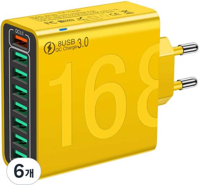 40W 접지 초고속 충전기 8포트 7USB+QC3.0 적용애플 아이폰 아이패드 삼성 갤럭시 픽셀 고속 전원 어댑터SJCDBK, 6개, 노란색BK303