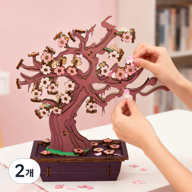 루캔필 DIY 우드퍼즐 입체 나무, 2개, 혼합색상-벚꽃나무, 133피스