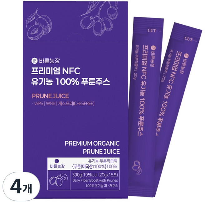 유기농 푸룬주스 물 한방울 넣지않은 진한 바른농장 NFC 착즙, 4개, 300g