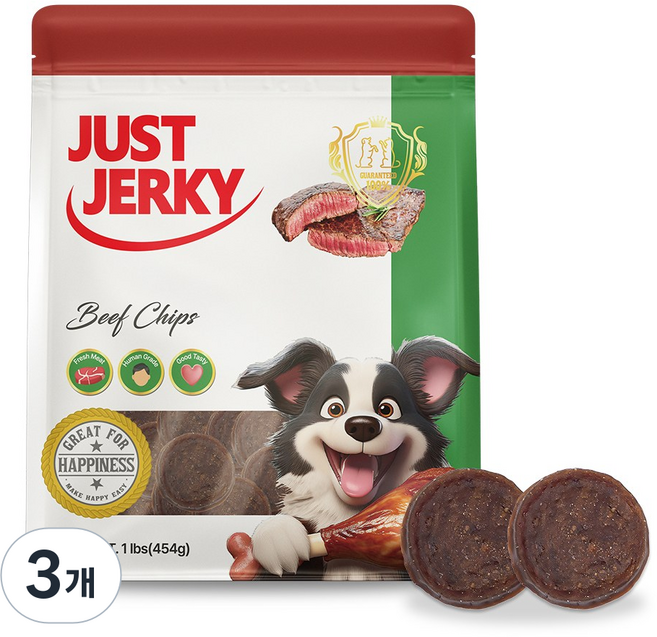 저스트져키 강아지 대용량 프리미엄 수제 육포 간식, 3개, 454g, 소고기 칩