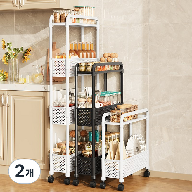 라이프리듬 초슬림 이동식 틈새 수납장 선반 주방 세탁실 트롤리, 2개, 블랙
