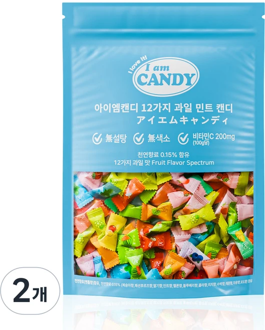 아이엠캔디 무설탕 사탕 12가지 과일 민트 캔디 비타민C 200mg 함유, 2개, 100g - 쿠팡