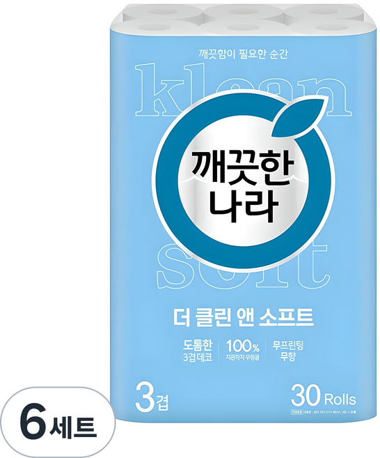 깨끗한나라 3겹 더 클린 앤 소프트 화장지, 30m, 30개입, 6세트