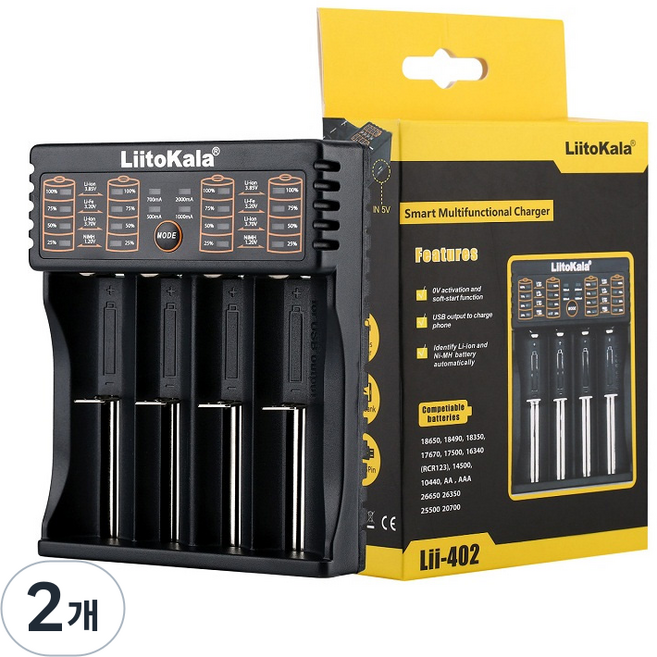 리토카라 스마트 만능 배터리 4구 충전기 Lii-402, 2개