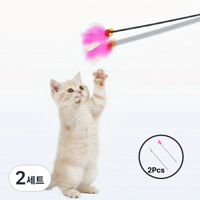 콩냥팥냥 2P 고양이 바스락 재롱 스틱 고양이 낚시대 카샤 타입, 2세트, 리프그린+네온핑크