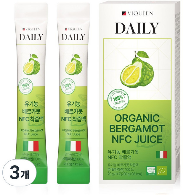 바이퀸 데일리 100% 유기농 베르가못 샷 액상 즙 스틱 NFC 착즙액 폴리페놀, 3개, 280g