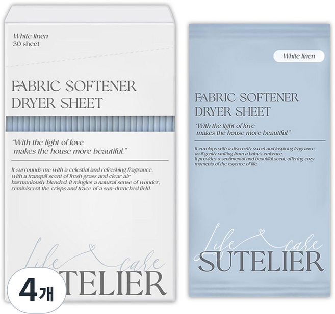 수뜰리에 에센스 건조기시트 섬유유연제 화이트린넨향 본품, 4개, 30개입