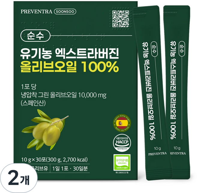 (핫딜/유통기한 27.07.01) 프리벤트라 순수 유기농 엑스트라버진 올리브오일 30포 / 스페인산 냉압착 그린 어린열매, 2개, 300g