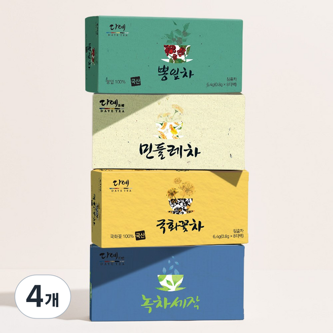 [본사직영] 다예 100%국산 건강한 꽃잎차 티타임 4종(뽕잎차8T+민들레차8T+국화꽃차8T+녹차세작8T), 4개, 32개입, 25.6g