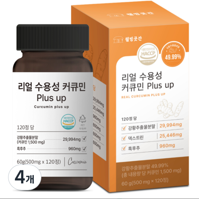 웰빙곳간 리얼 수용성 커큐민 PLUS UP HACCP 식약처 인증, 4개, 120정