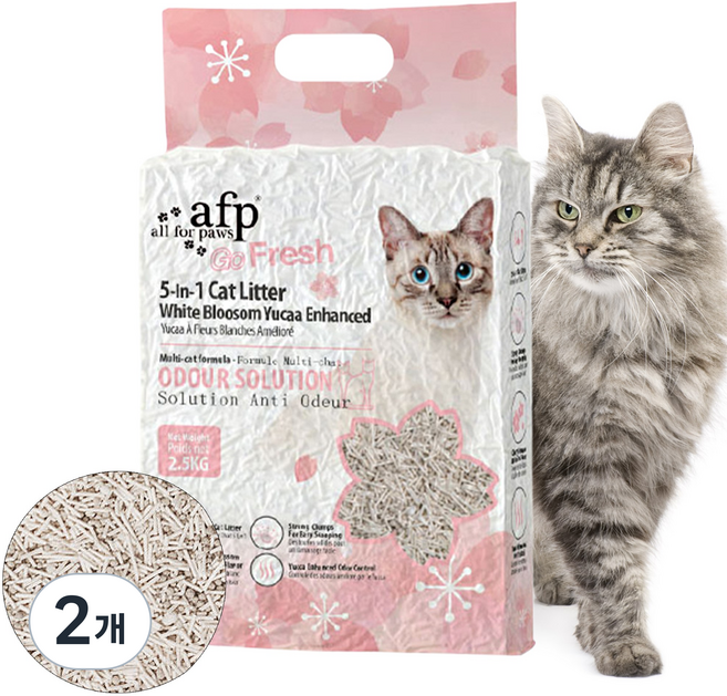[신상출시!]All For Paws 고양이 5in1 혼합 두부모래 백차유카 탈취 1.5mm 가는입자 변기에 버리는 먼지없는 모래, 벚꽃향, 2개, 6L