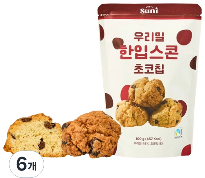 착한빵수니 우리밀 한입스콘 초코칩 100% 우리밀 공정무역 건강한 한입 스낵, 6개, 100g