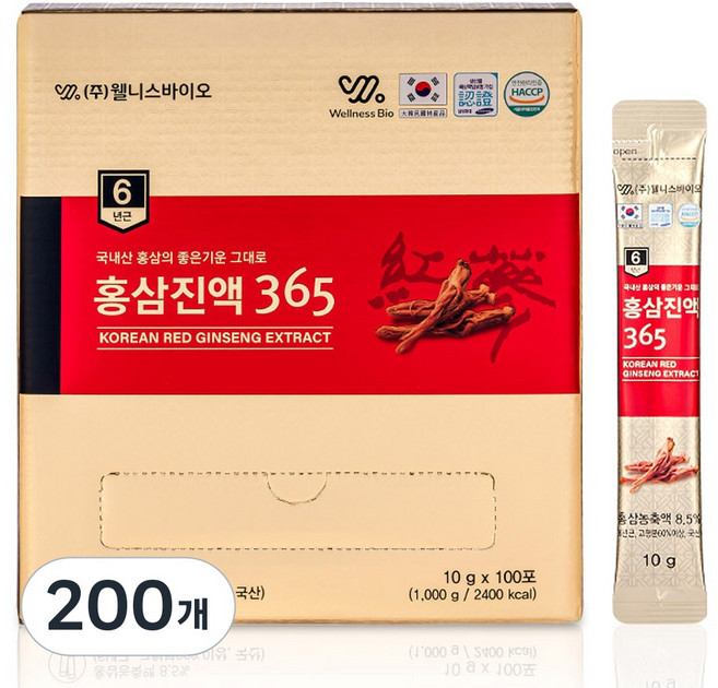 6년근 홍삼진액 365 대용량 스틱 웰니스바이오, 10g, 200개