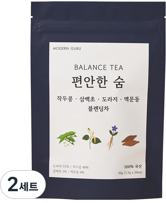 모던구루 편안한 숨 작두콩 삼백초 도라지 맥문동 블렌딩차, 2세트, 20개입, 1.5g