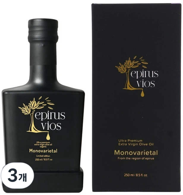 에피루스 비오스 울트라 프리미엄 엑스트라 버진 올리브 오일 (산도 0.11), 3개, 250ml - 쿠팡