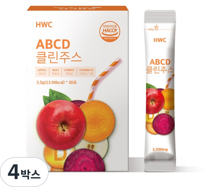에이치더블유씨 ABCD 클린주스 비트 당근 사과 비타민D, 105g, 4박스