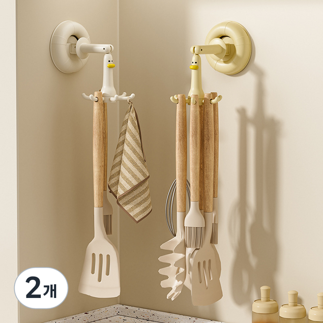 이지몰 귀여운 오리 회전형 무타공 주방 욕실 멀티 걸이, 2개, 아이보리