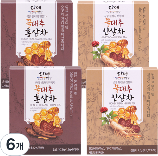 [본사직영] 다예 궁중 꿀대추 전통 인삼차 홍삼차 2종 20티백 티타임 VIP 탕비실용 우려먹는 티백차, 30g, 6개, 20개입