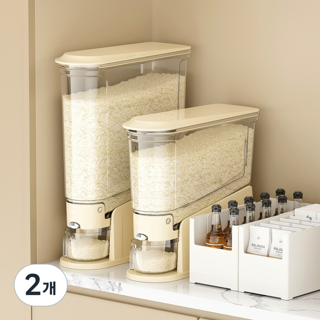락톡마켓 원터치 쌀통 밀폐 계량 틈새 쌀통 잡곡통 방충 슬림쌀보관함, 크림+투명, 2개
