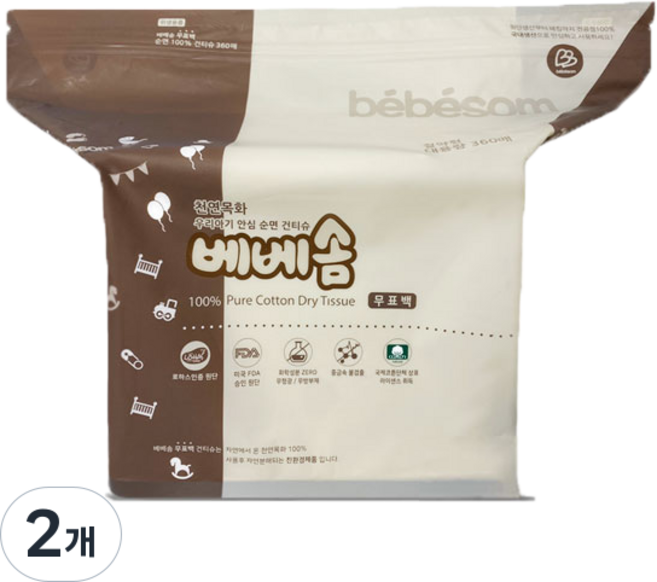 베베솜 무표백 순면 아기 건티슈, 60g, 360매, 2개