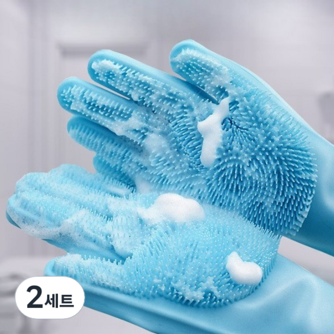 오브젝티브 내열실리콘 수세미 고무장갑 160g 고중량, 블루, 2세트, 2개