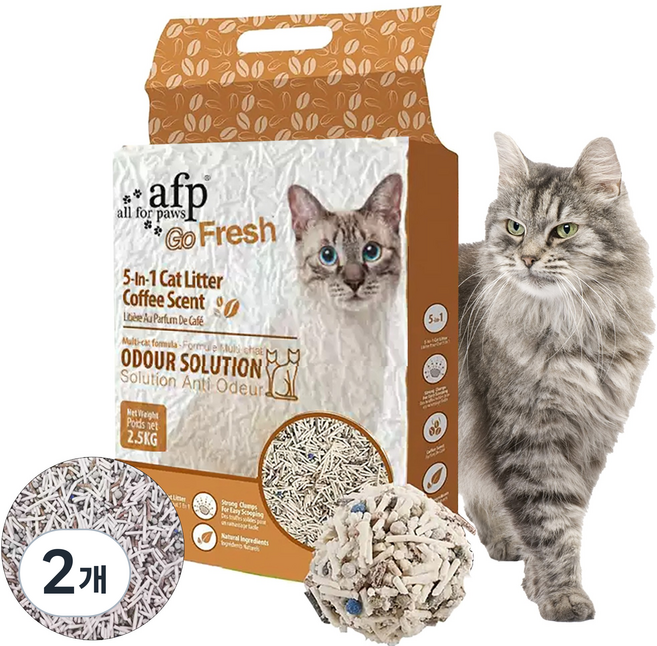 All For Paws 고양이 5in1혼합 두부모래 1.5mm 가는입자 변기에 버리는 먼지없는 모래, 6L, 2개, 커피향