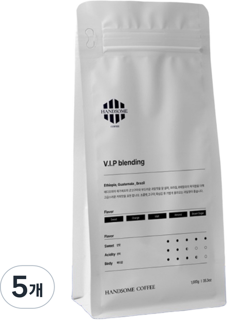 핸섬로스팅하우스 VIP블랜딩 원두 홀빈(에디오피아% 과테말라% 브라질%) 스폐셜원두 사용, 5개, 500g, 홀빈(분쇄안함)