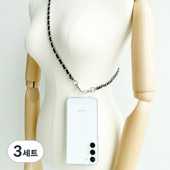 네츄럴파크 스마트폰 퀄팅 체인 멀티 스트랩 TPU 태그홀더 세트 가방 끈 핸드백 목걸이 숄더 줄, 2. 퀄팅체인멀티스트랩 블랙앤실버체인+TPU태그홀더, 3세트