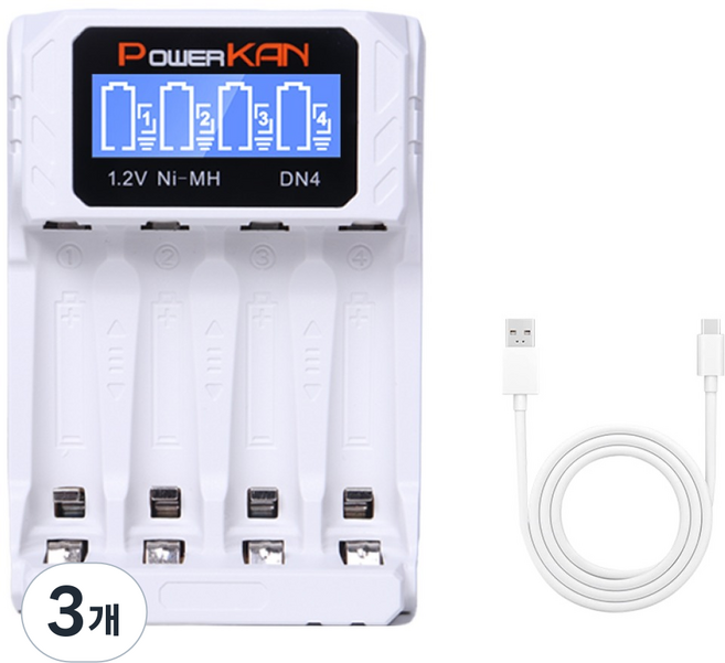 POWERKAN Ni-MH 니켈수소 건전지전용충전기 4구 1.2V 니켈수소전용 DN4 (화이트) 건전지 AA AAA 과충전방지 LCD표시, 3개