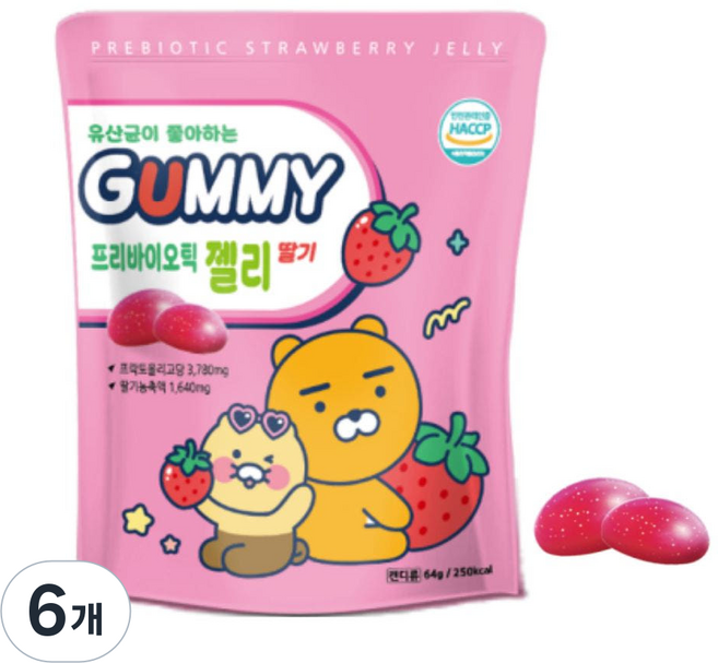 어린이 유산균젤리 / 프락토 올리고당 유산균 먹이가 되는 프리바이오틱스 어린이 키즈 영양구미 / 프리바이오틱젤리 국산딸기 농축액, 64g, 6개