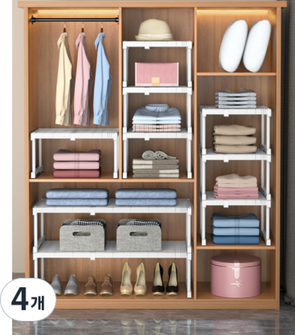 가려거든 공간최대활용 너비조절 옷장선반, 대형 화이트 너비67~88 x 폭42 x 높이 32cm, 4개