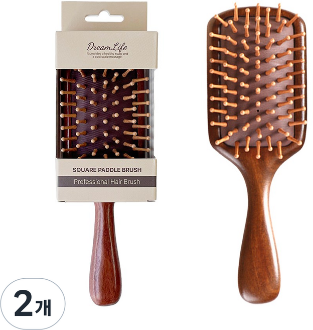 꿈꾸던라이프 호텔식 프리미엄 박달나무 헤어 빗 브러쉬, 2개, 브라운 사각형 빗