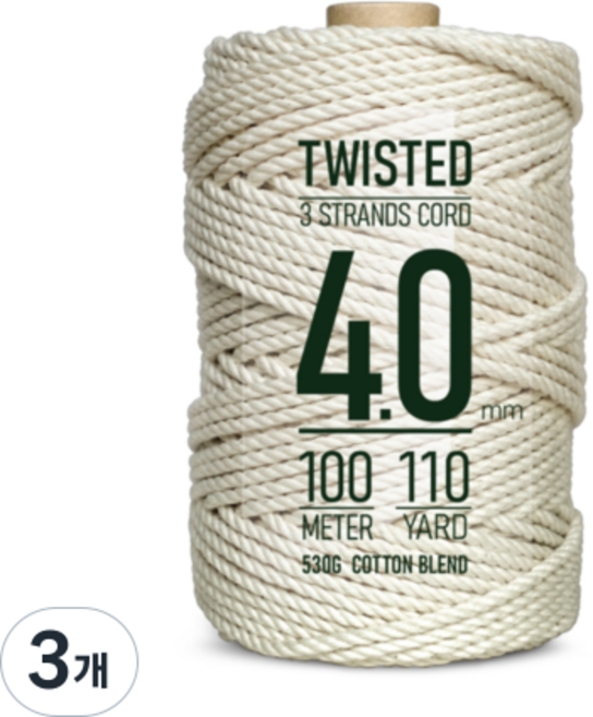 렛비 마크라메 꼬임 면 실 4mm 100m, 3개, 아이보리