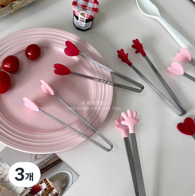 스텐 과자 얼음 디저트 빵 샐러드 하트 미니다용도 스텐집게 홈카페 주방 집게 소형 요리집게 빵집게 캠핑조리도구, 3개, 손가락 레드