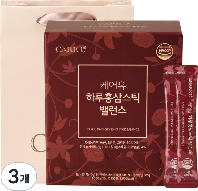 케어유 고려 홍삼스틱 국내산 6년근 실속형 대용량 하루 밸런스+쇼핑백, 30회분, 3개