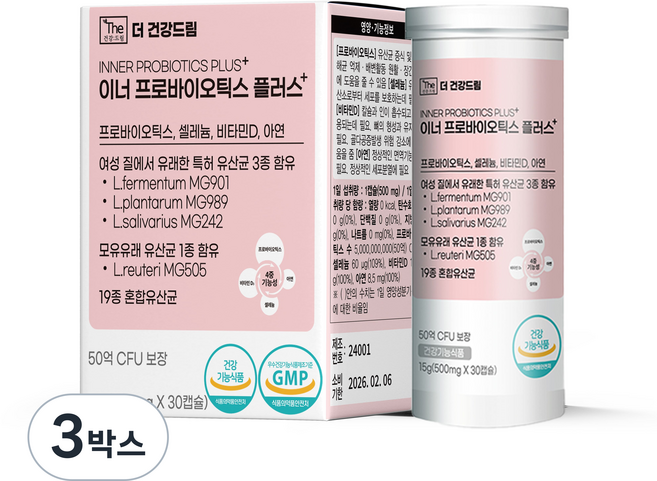 더건강드림 질 유래 유산균 특허 3종 이너프로바이오틱스 플러스, 3박스, 30정