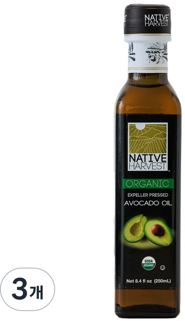 유기농인증 코셔인증 미국제조 아보카도 오일 엑스트라버진 자연냉압착 네이티브하베스트, 3개, 250ml