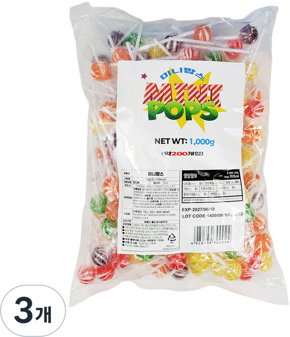 투데이 미니팝스 막대사탕, 3개, 1kg