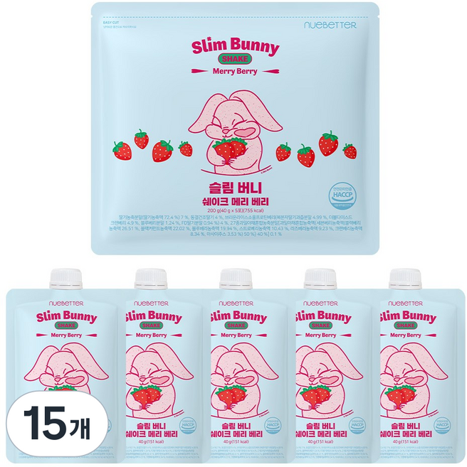 뉴베러 슬림 버니 단백질 쉐이크 파우치, 40g, 15개, 메리베리 딸기맛