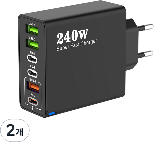 240W 접지 초고속 충전기 6포트 3USB+3PD 적용애플 아이폰 아이패드 삼성 갤럭시 픽셀 고속 전원 어댑터, 2개, 블랙