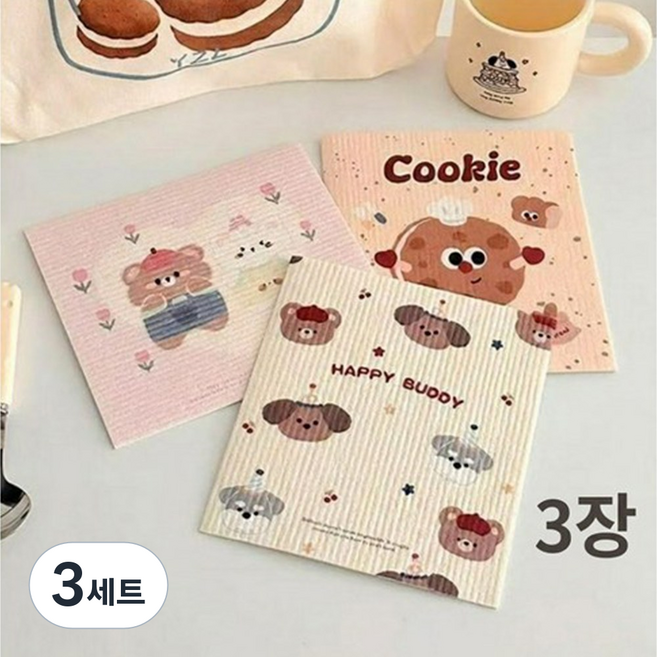이지몰 친환경 셀룰로오스 감성 캐릭터 수세미 행주, 3세트, 혼합색상