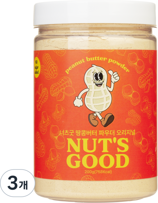 너츠굿 무설탕 땅콩가루 식단관리 저지방 땅콩버터 파우더 저칼로리 피넛버터 분말, 3개, 200g