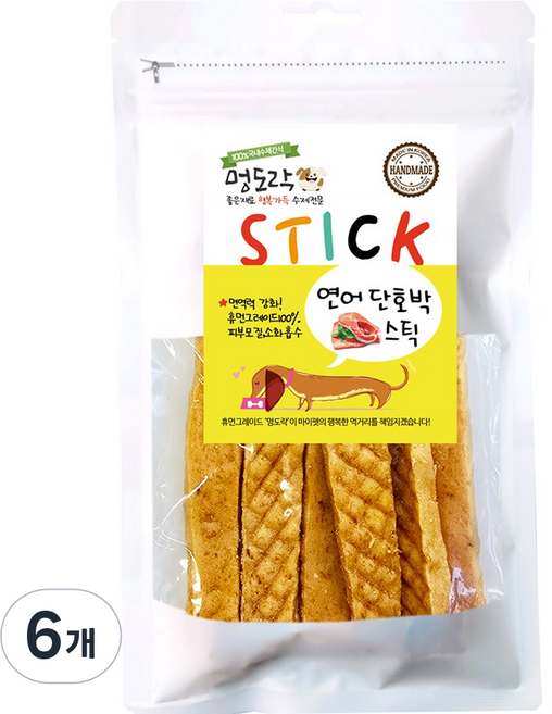 멍도락 국내산 강아지 수제간식 연어스틱 80g 피부 피모건강 부드러운간식, 연어단호박스틱, 6개