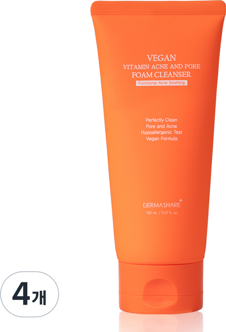 더마쉐어 비건 비타민 여드름 아크네 앤 포어 딥 폼 클렌저, 4개, 150ml