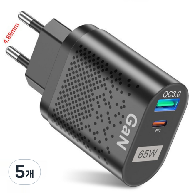 65W 접지 초고속 충전기 2포트 USB+PD 적용애플 아이폰 아이패드 삼성 갤럭시 픽셀 고속 전원 어댑터SJCDBK-, 5개, 블랙BK301(WK)